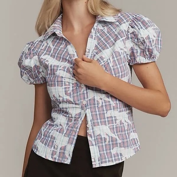Maeve Tops - Maeve Anthropologie Puff Sleeve Plaid Blouse Pointer Print Medium NWT